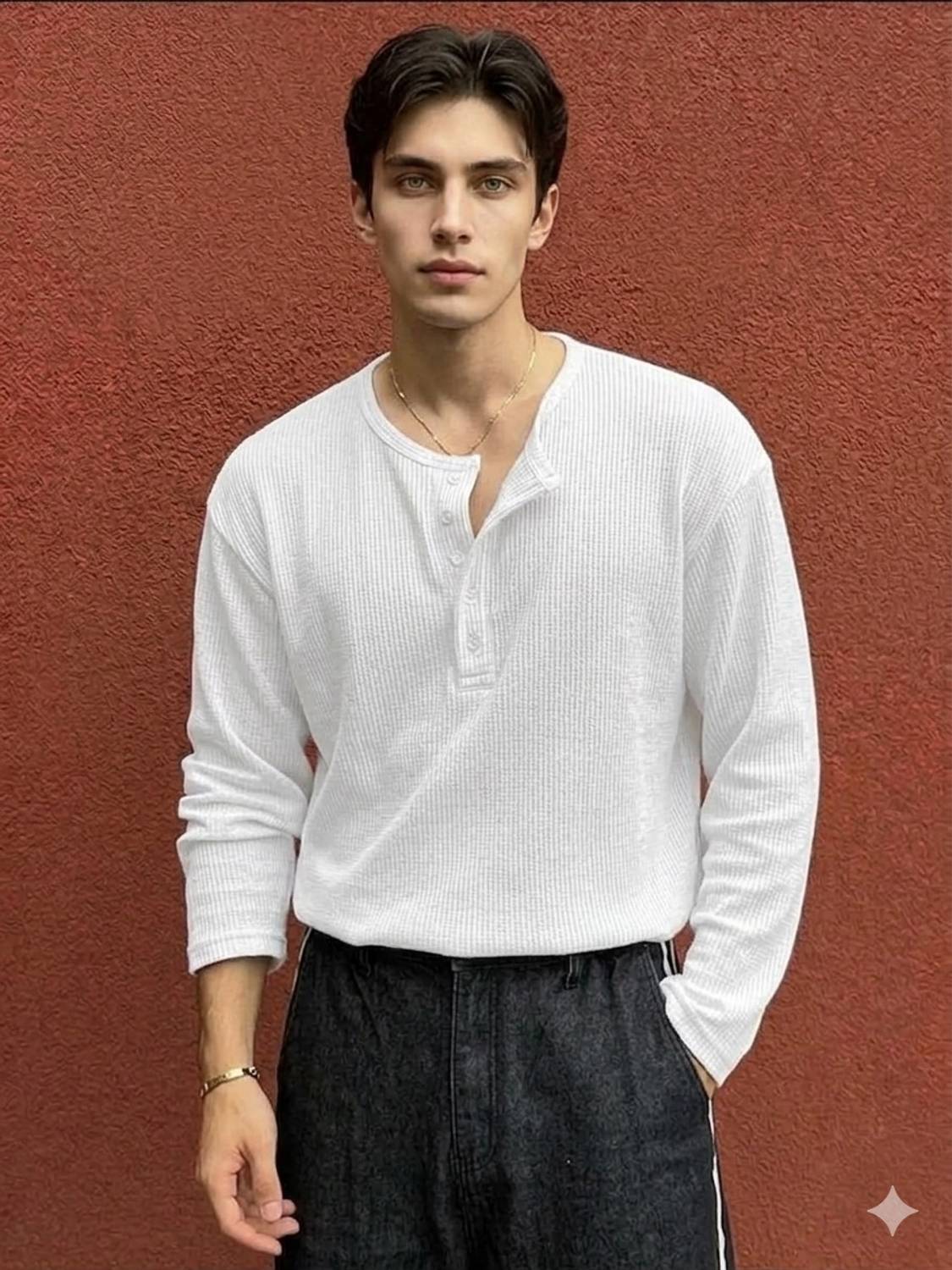 Stockton Men Henley Neck White T-Shirt