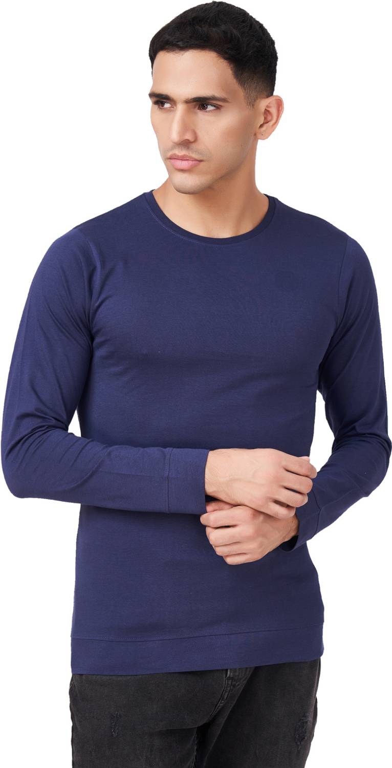 Zulements Men Solid Round Neck Pure Cotton Dark Blue T-Shirt