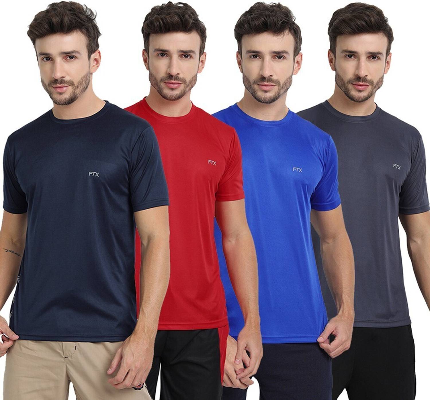 FTX Pack of 4 Men Solid Round Neck Polyester Multicolor T-Shirt