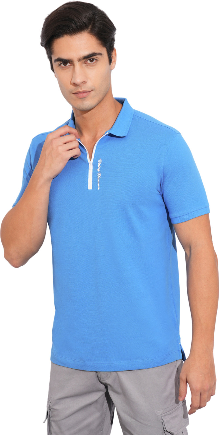 Image of BEING HUMAN Solid Men Polo Neck Blue T-Shirt