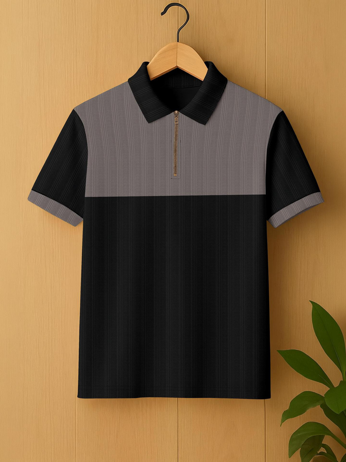 Image of KAJARU Colorblock, Solid Men Polo Neck Grey, Black T-Shirt