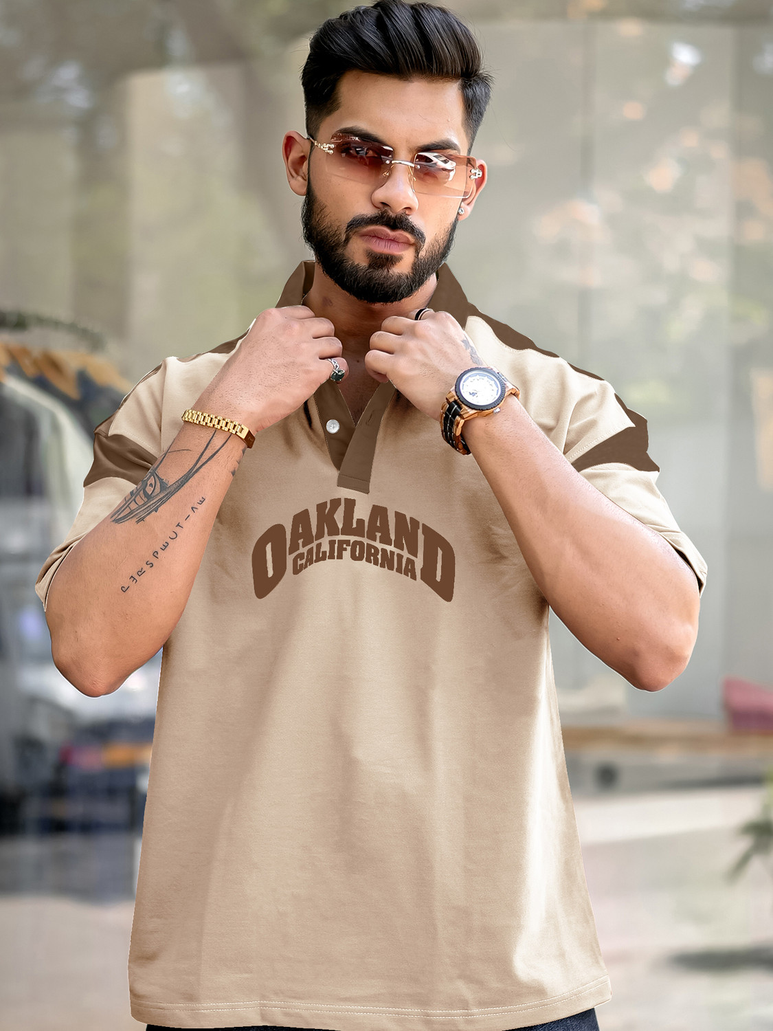 Image of MANIAC Printed Men Polo Neck Beige T-Shirt