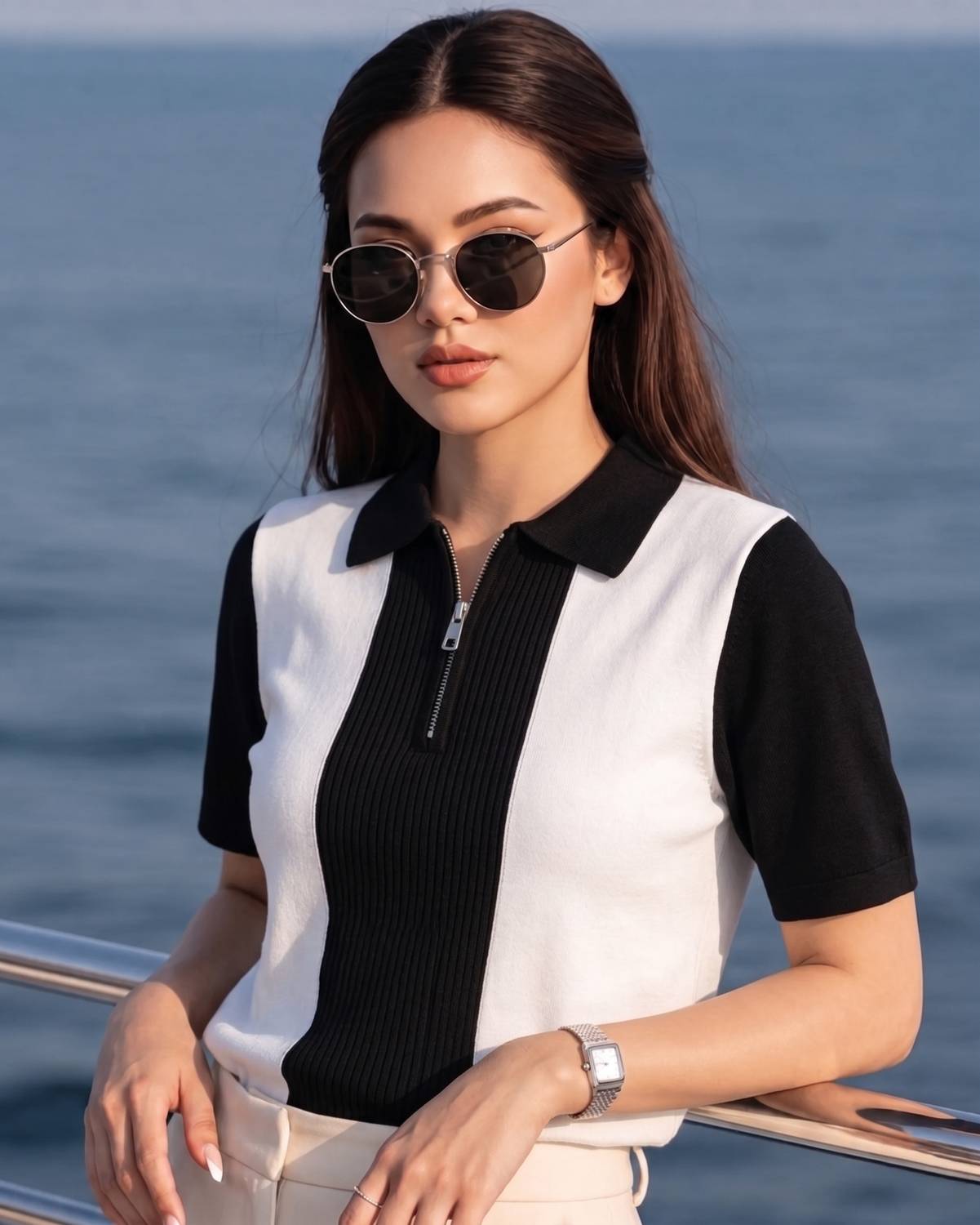 Try Colorblock Women Zip Neck Black T-Shirt - Image 1