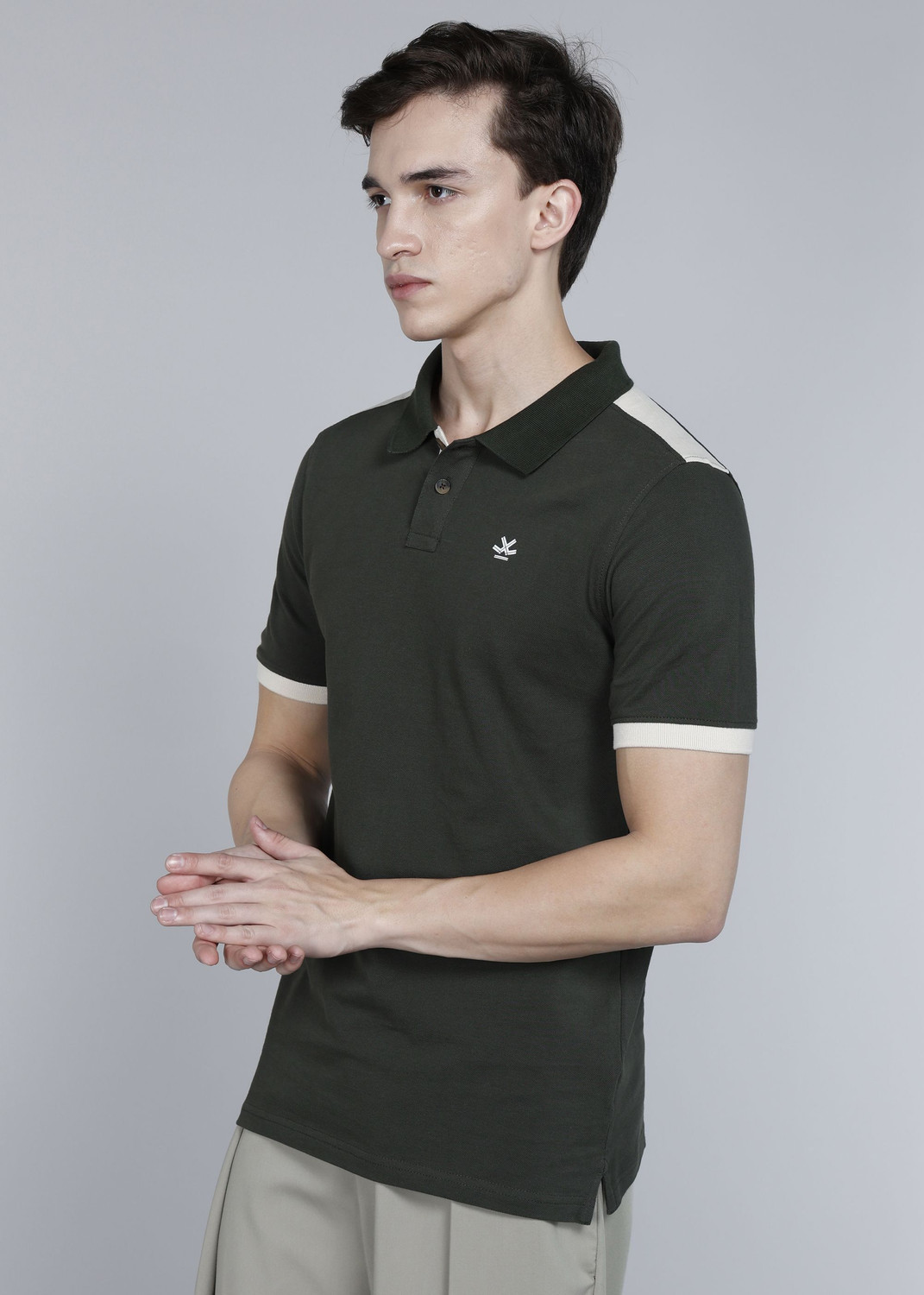 Image of WROGN Men Solid Polo Neck Pure Cotton Green T-Shirt
