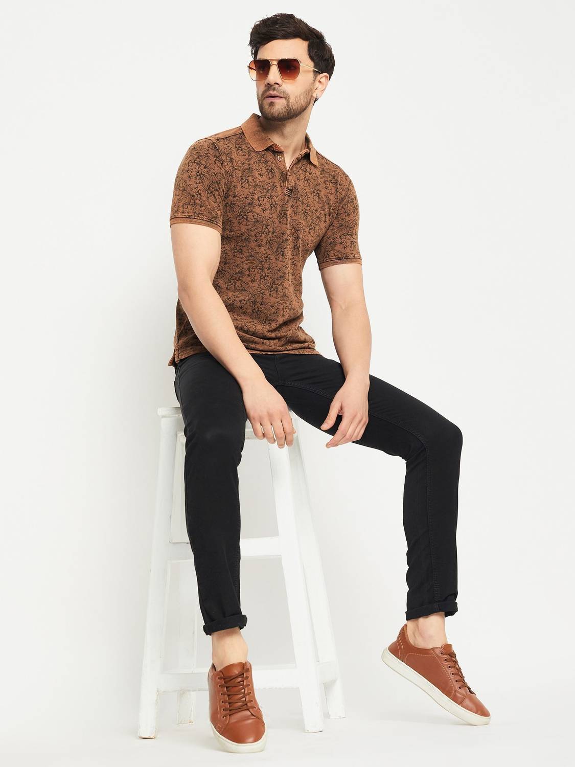 Club York Men Printed Polo Neck Cotton Blend Brown T-Shirt