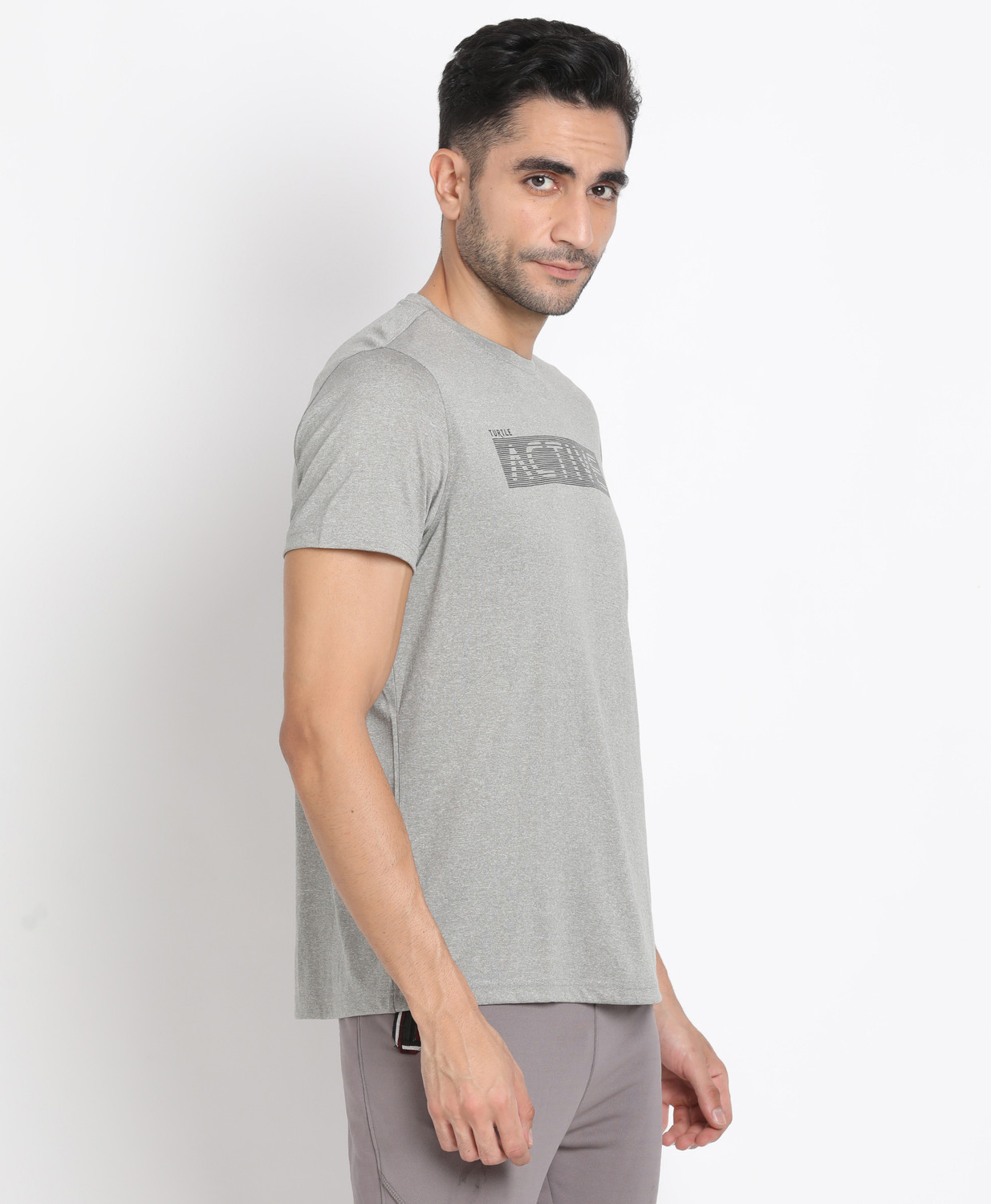 Image of TURTLE Printed Men Crew Neck Grey T-Shirt