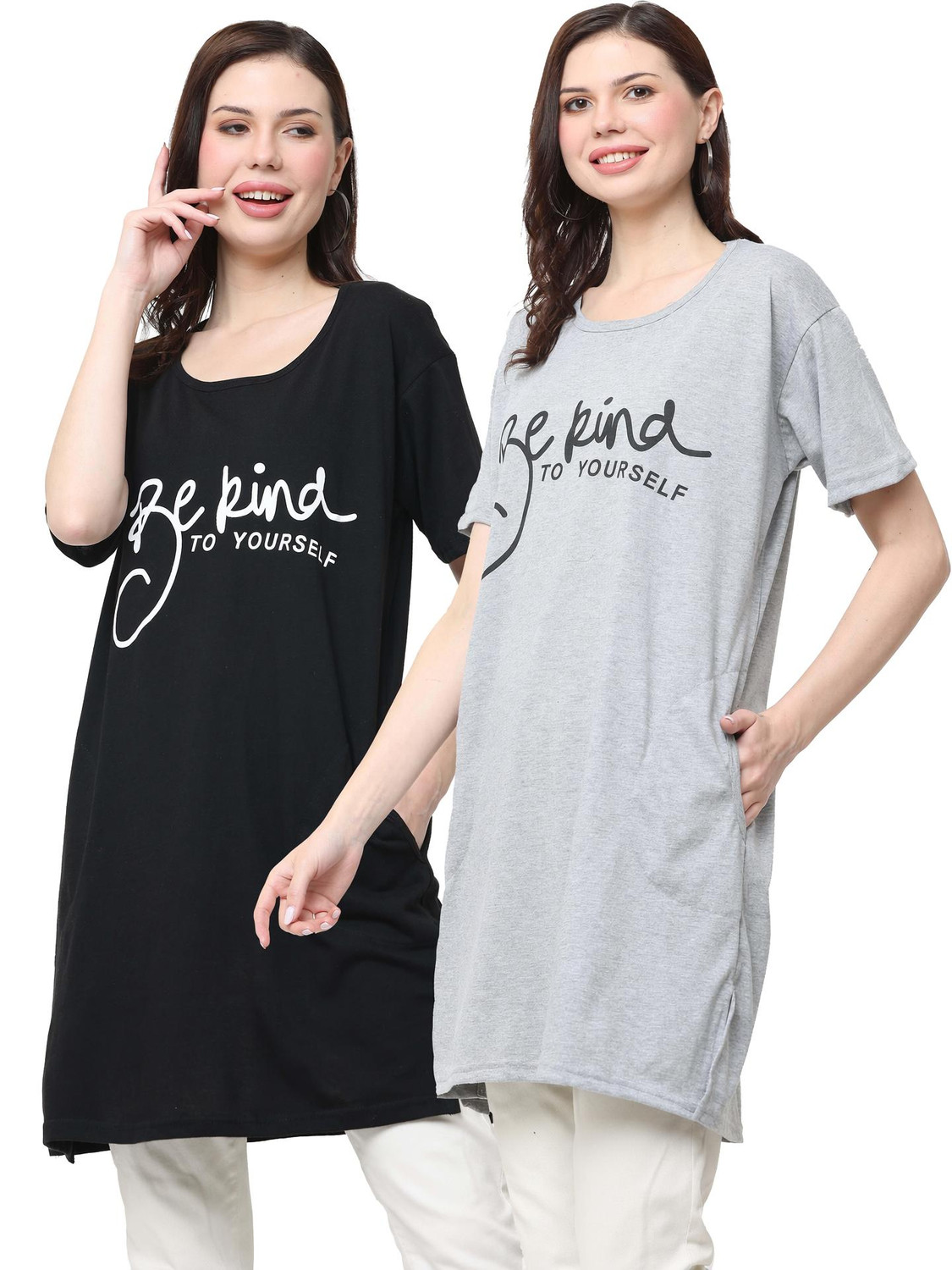 Image of HouseOfCommon Pack of 2 Women Printed Round Neck Cotton Blend Multicolor T-Shirt