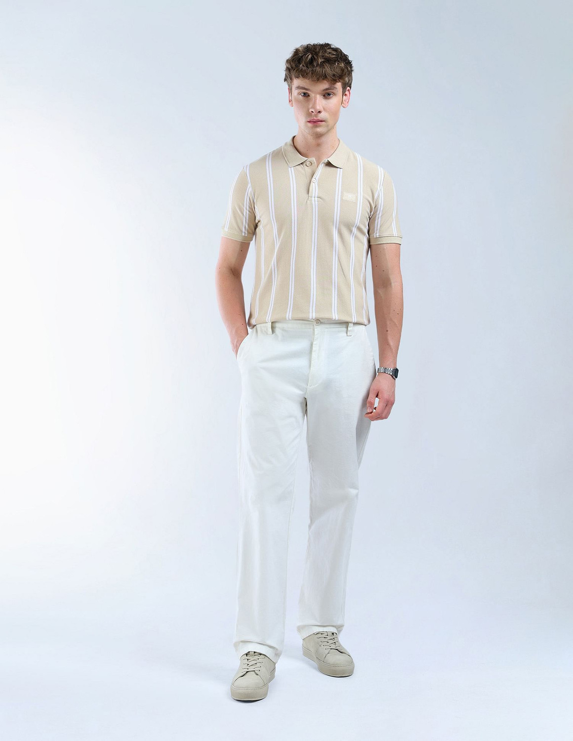 Image of FLYING MACHINE Striped Men Polo Neck Beige T-Shirt