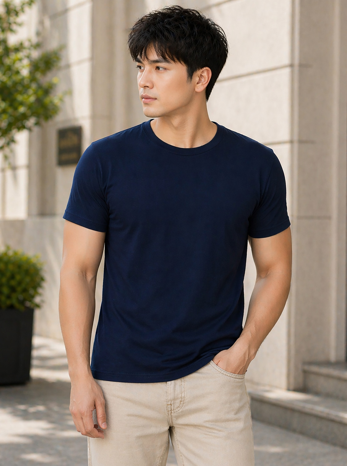 Image of Creation By London Hills Solid Men Round Neck Navy Blue T-Shirt