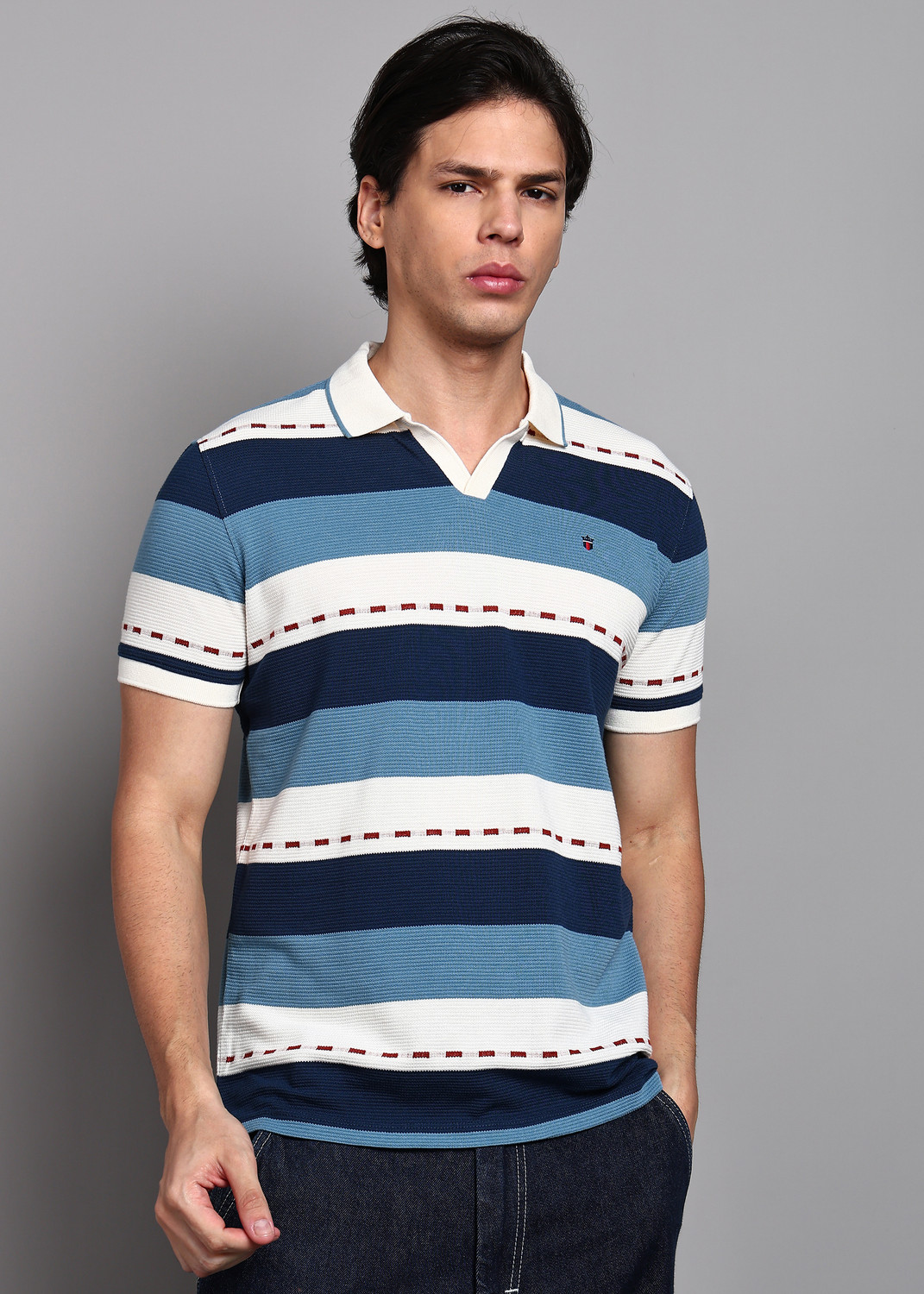Image of Louis Philippe Jeans Men Striped Polo Neck Polycotton Multicolor T-Shirt
