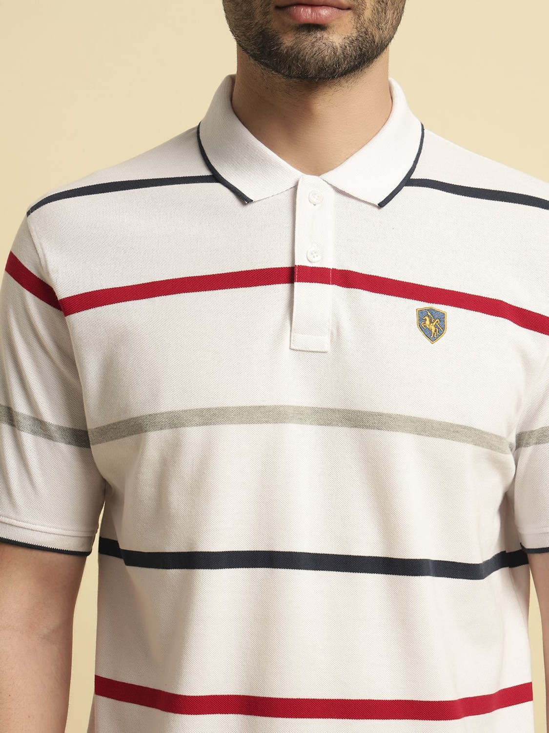 Image of CANTABIL Striped Men Polo Neck White T-Shirt