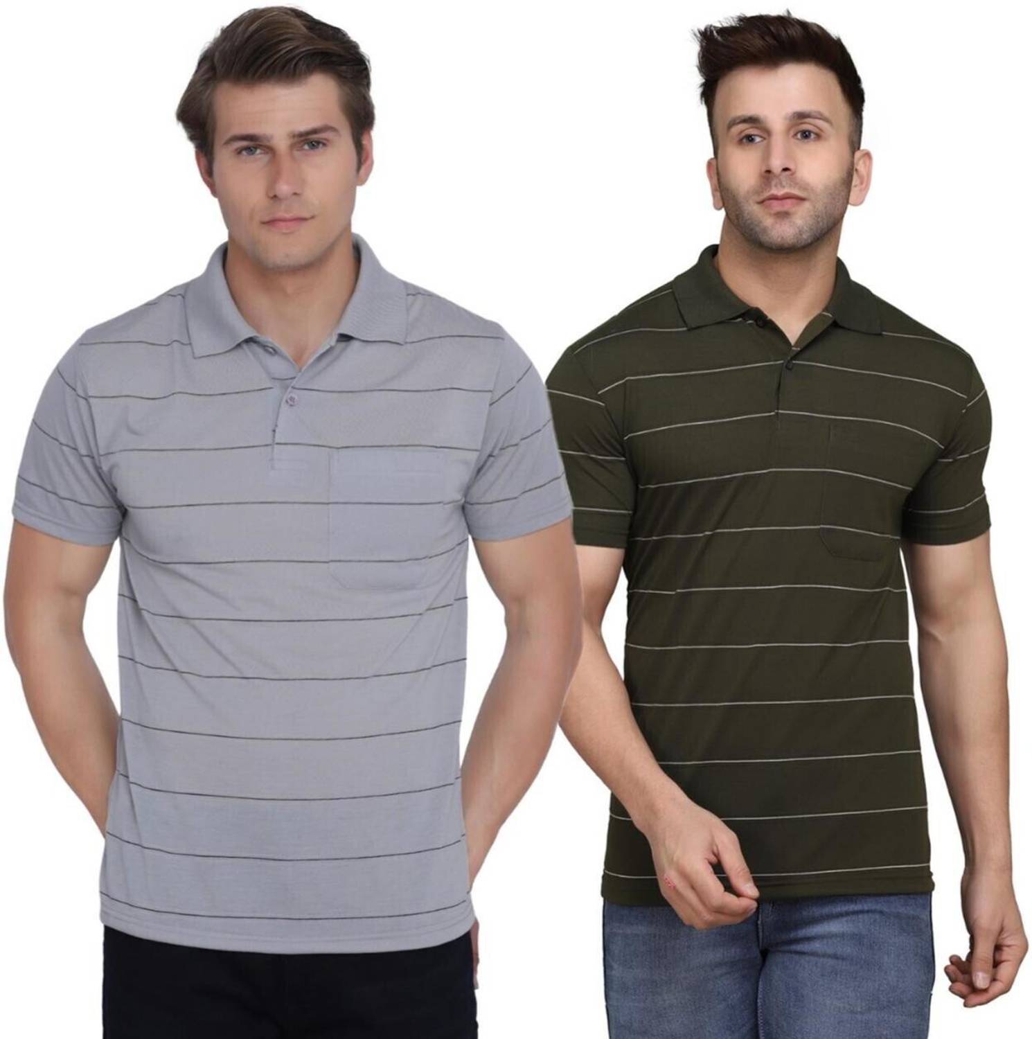 INKKR Pack of 2 Men Striped Polo Neck Cotton Blend Multicolor T-S