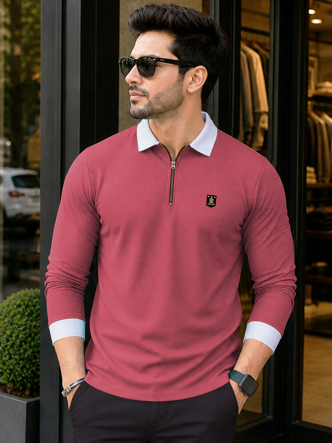 Image of VeBNoR Self Design Men Zip Neck Pink T-Shirt