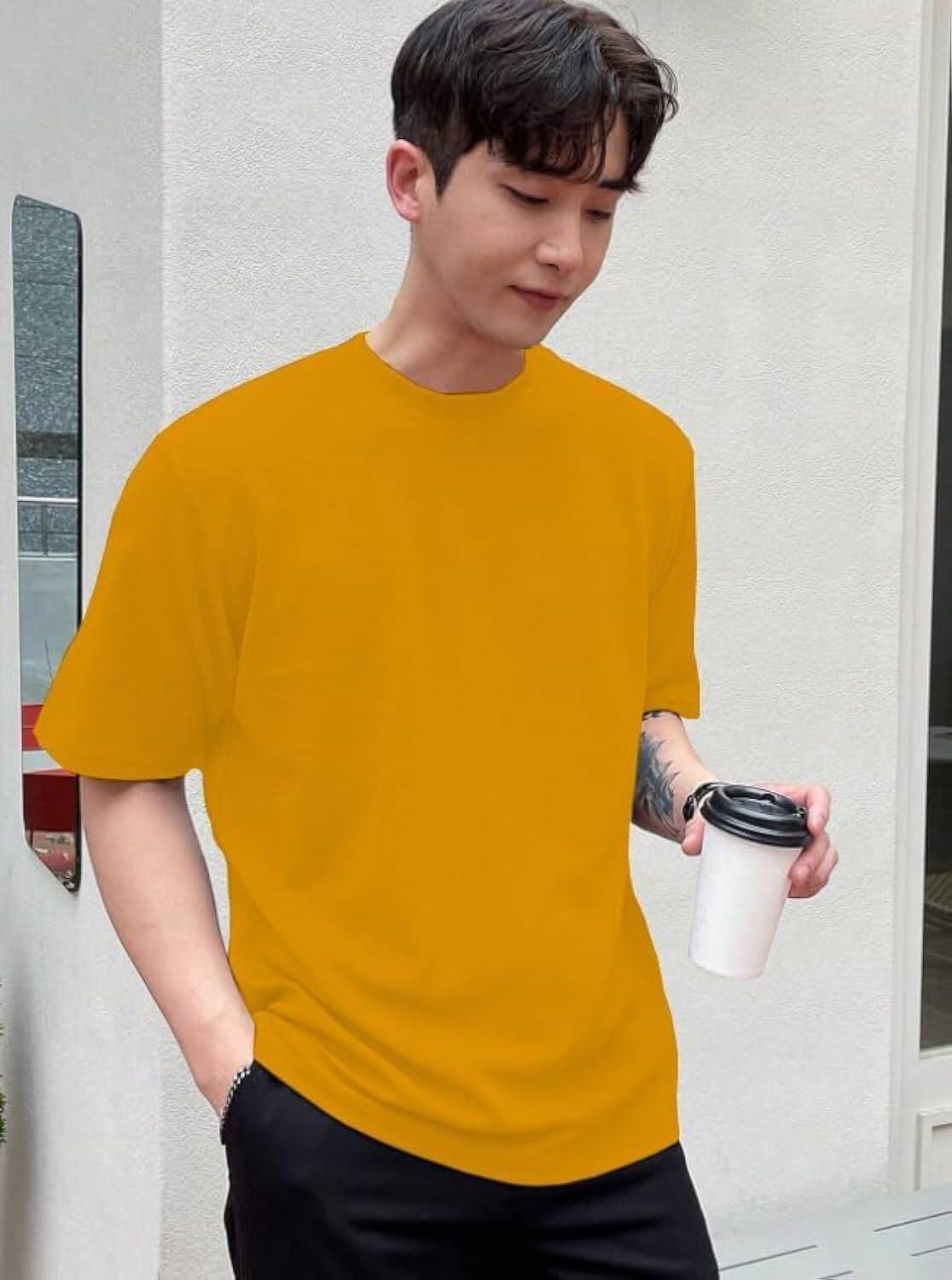 LWEXS Solid Men Round Neck Yellow T-Shirt