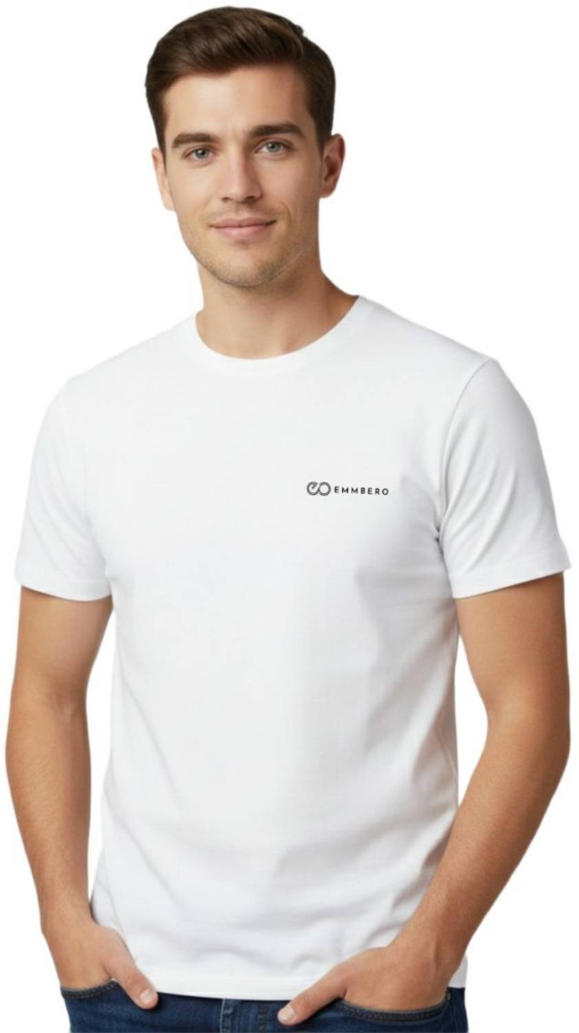 EMMBERO Men Solid Crew Neck Pure Cotton White T-Shirt