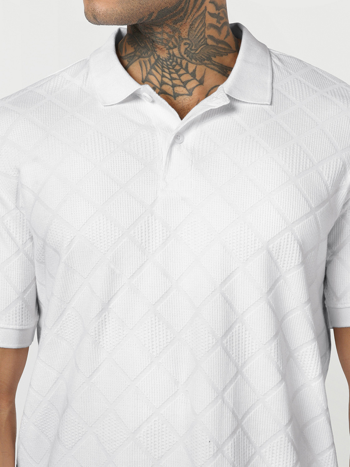 Image of BEWAKOOF Self Design Men Polo Neck White T-Shirt