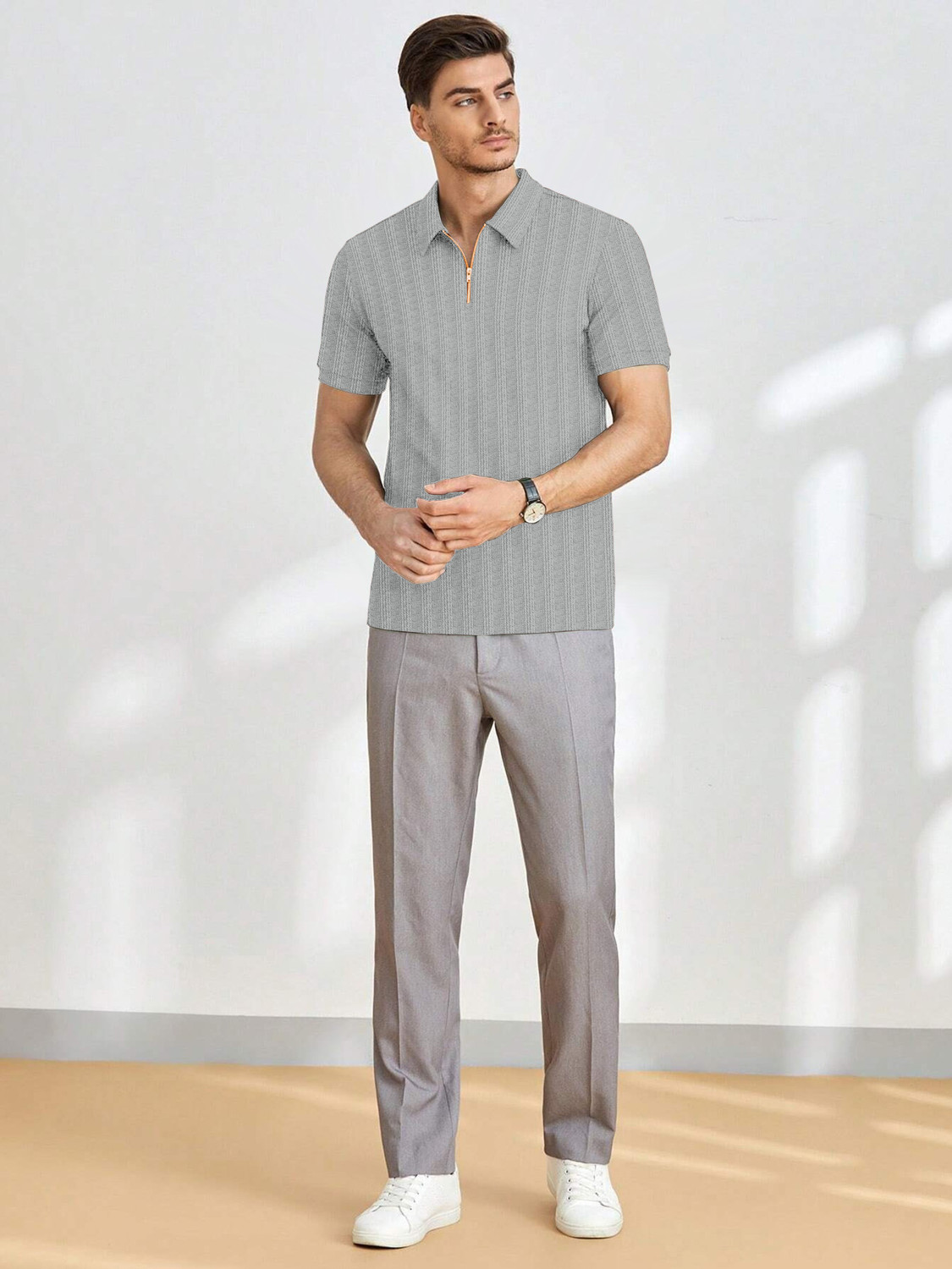 Image of COMBRAIDED Striped Men Zip Neck Grey T-Shirt