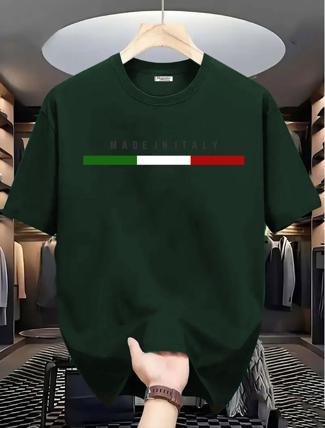 Image of Magneto Printed, Solid Men Round Neck Dark Green T-Shirt