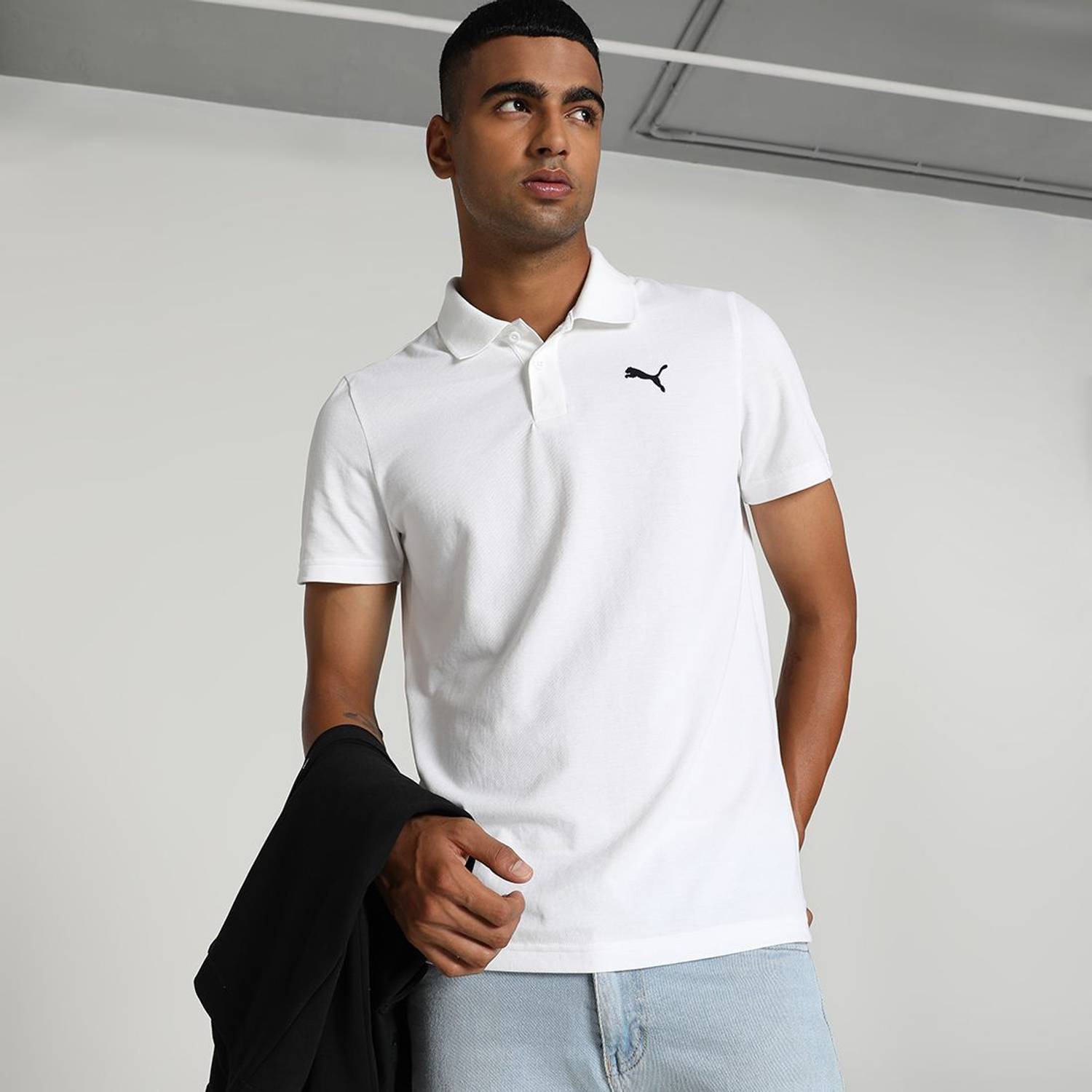 PUMA Ms Ess Men Solid Polo Neck Pure Cotton White T-Shirt