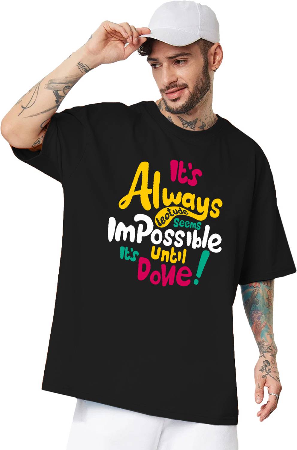 Leotude Men Printed, Typography Round Neck Cotton Blend Black T-S
