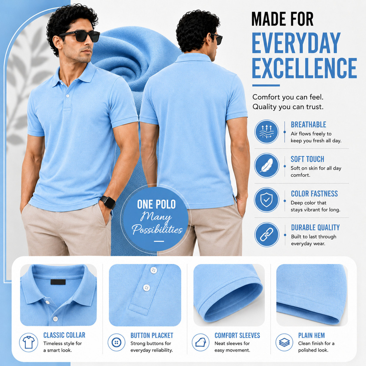 Image of lifestyle by Fadiction Men Solid Polo Neck Polyester Light Blue T-Shirt