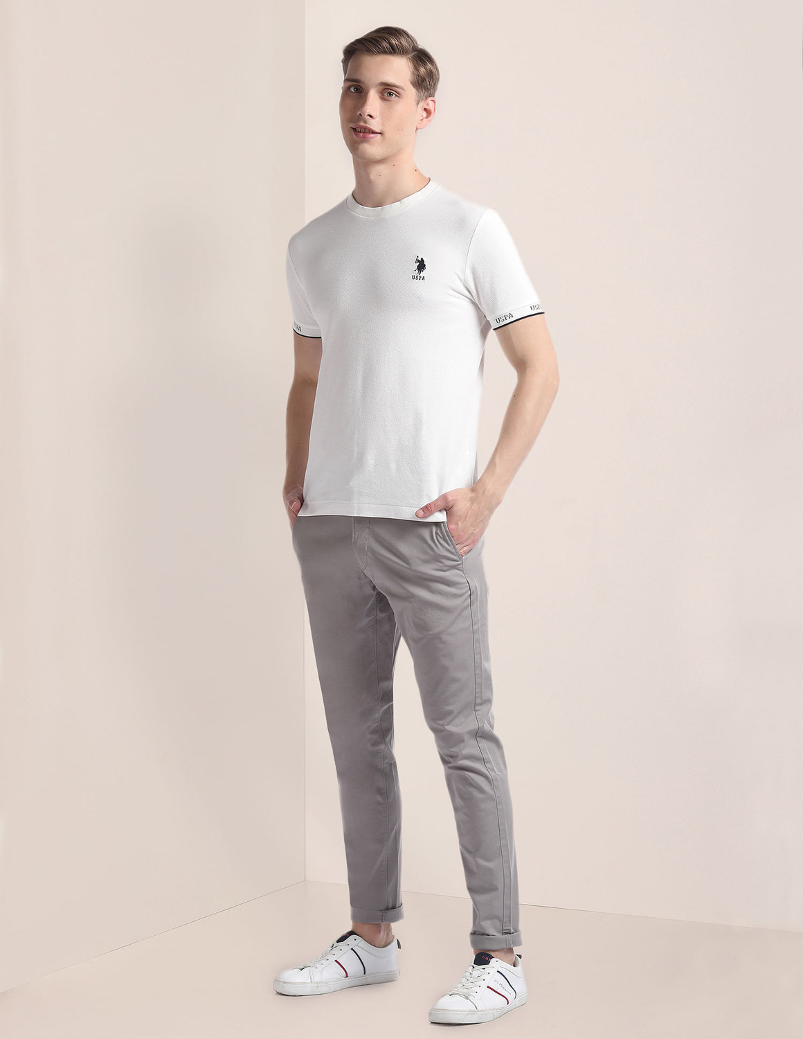 Image of U.S. POLO ASSN. Striped Men Round Neck White T-Shirt