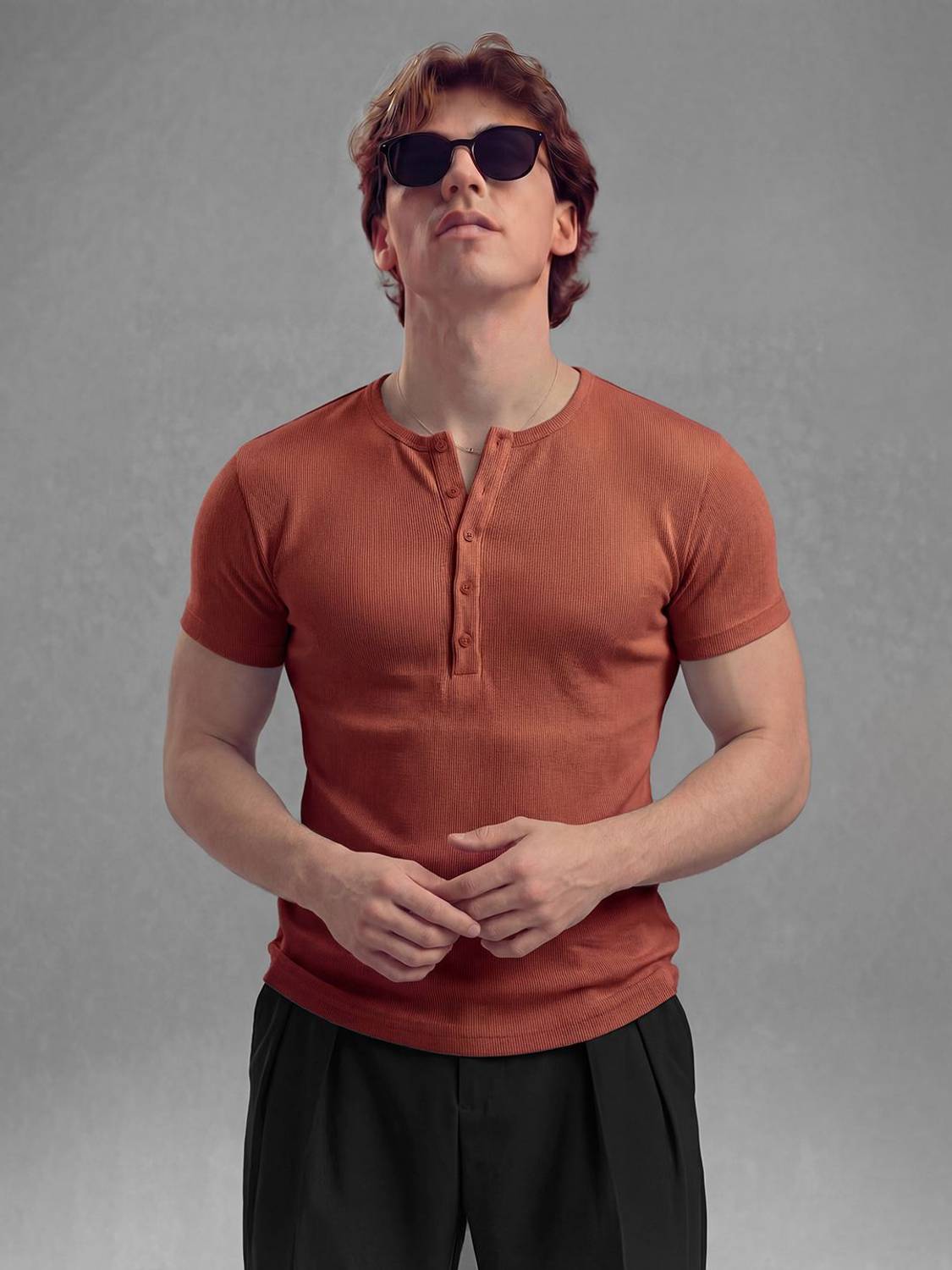 FUGAZEE Solid Men Henley Neck Red T-Shirt - Image 2