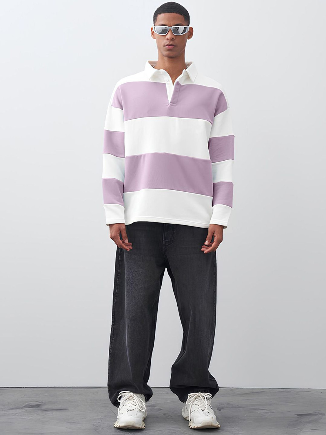 Image of MANIAC Men Colorblock Polo Neck Pure Cotton Purple, White T-Shirt