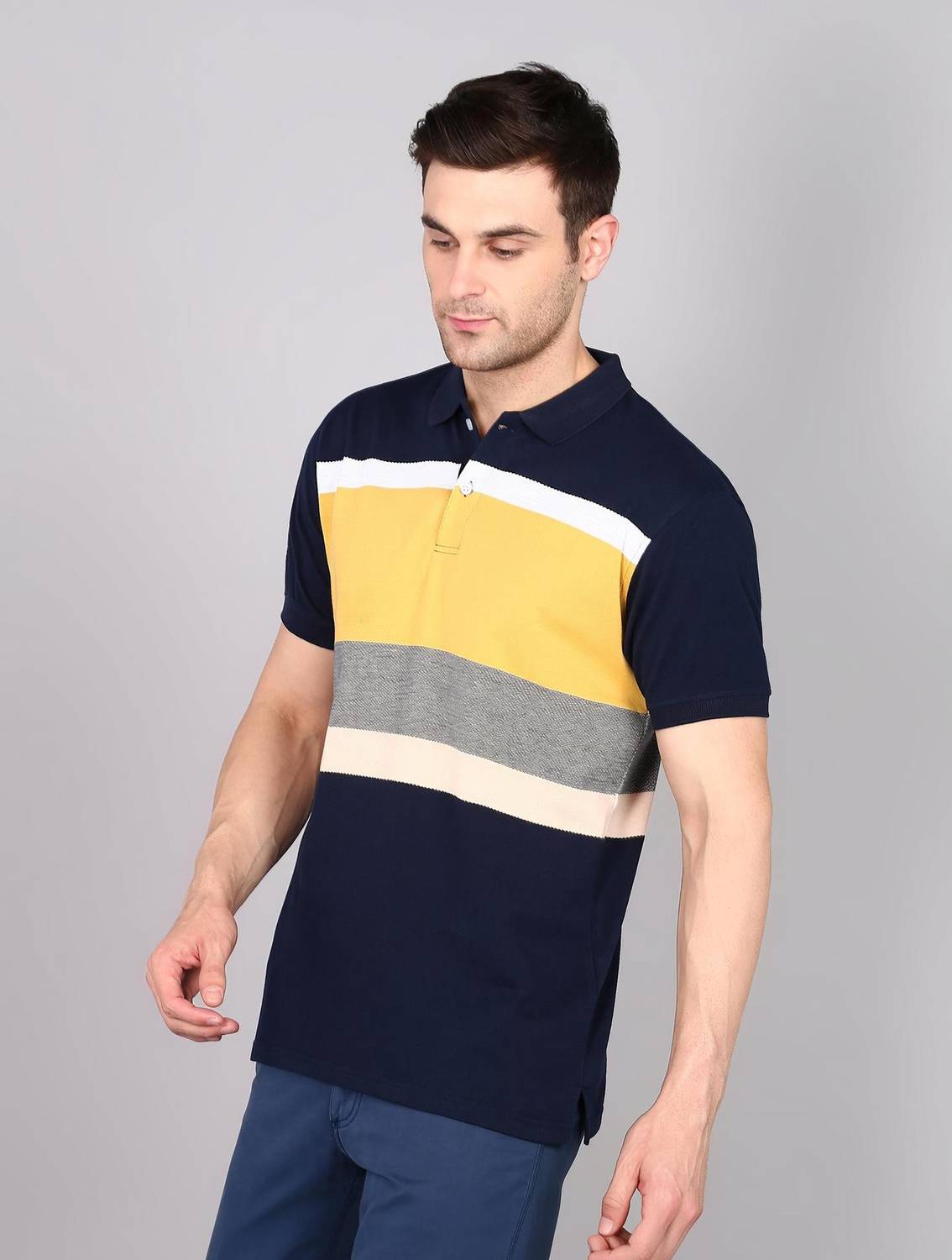 3BROS Striped Men Polo Neck Navy Blue T-Shirt