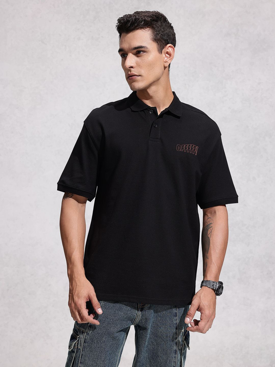 Image of WROGN Printed Men Polo Neck Black T-Shirt