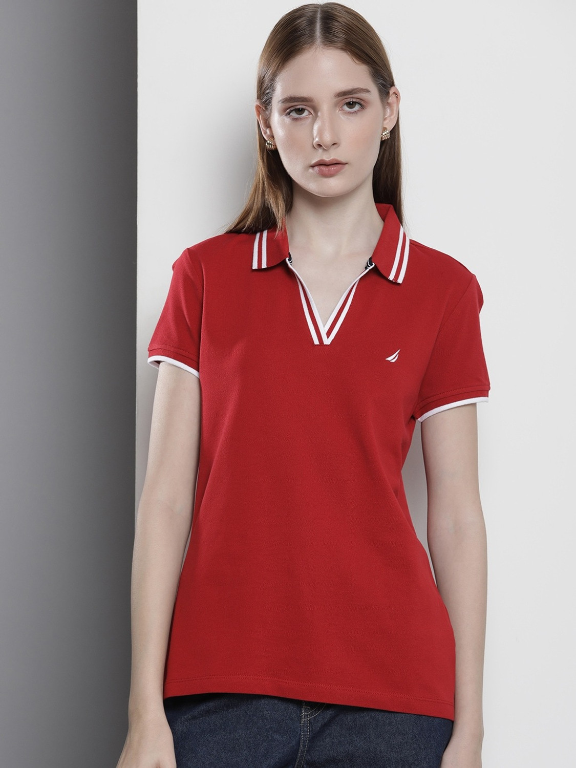 NAUTICA Solid Women Polo Neck Red T-Shirt