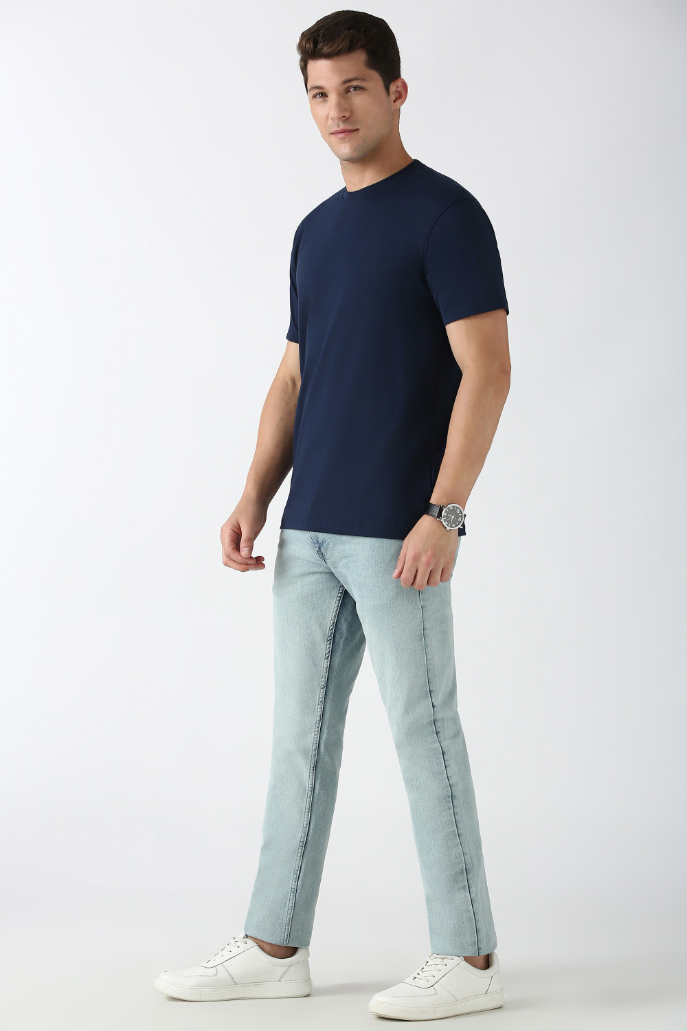 Image of PETER ENGLAND Solid Men Crew Neck Blue T-Shirt