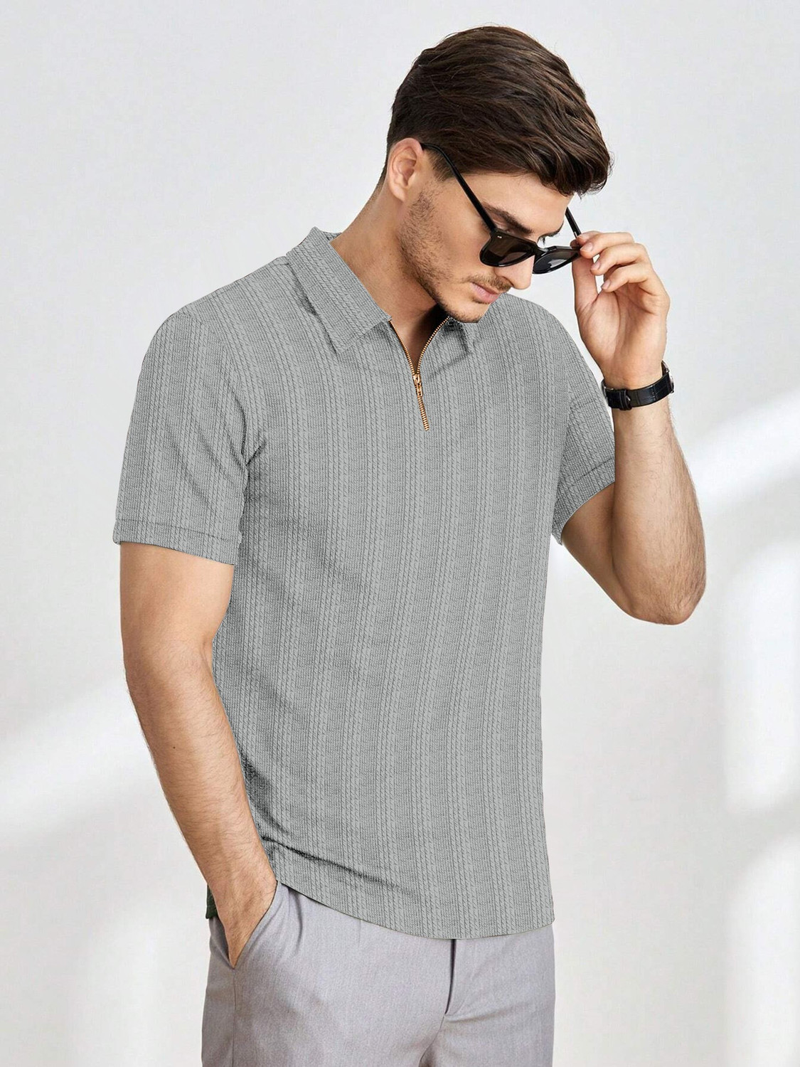 Image of COMBRAIDED Striped Men Zip Neck Grey T-Shirt