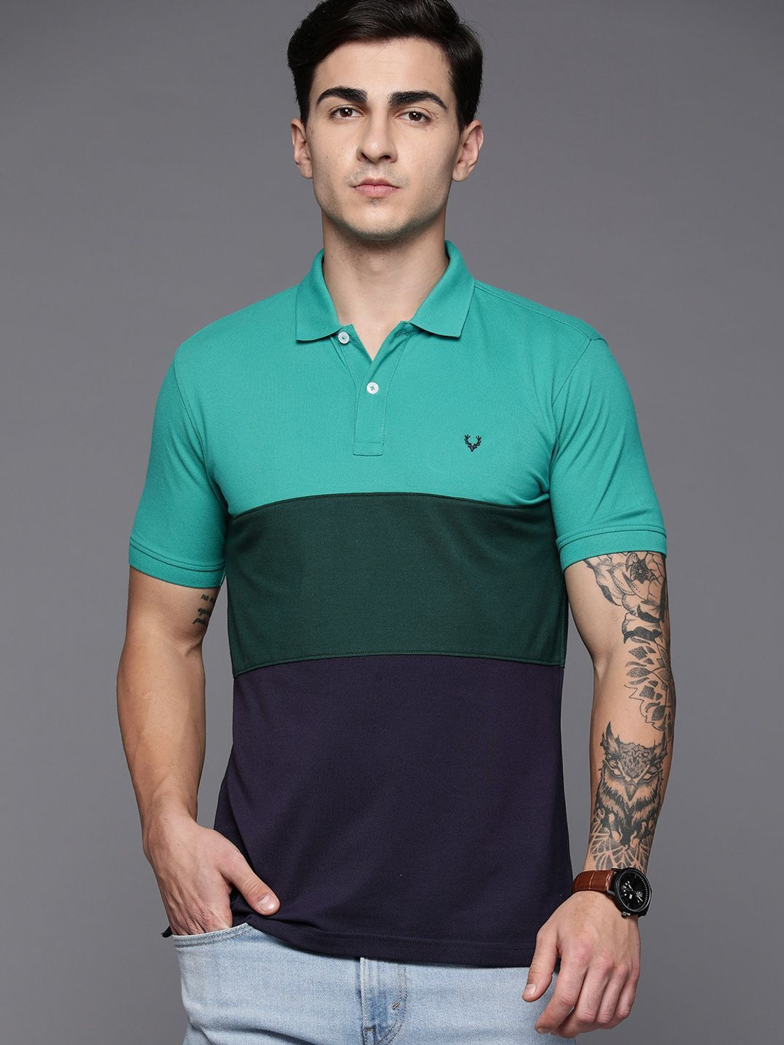 Image of Allen Solly Colorblock Men Polo Neck Green T-Shirt