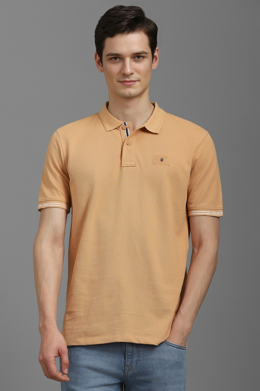 Image of LOUIS PHILIPPE Solid Men Polo Neck Beige T-Shirt