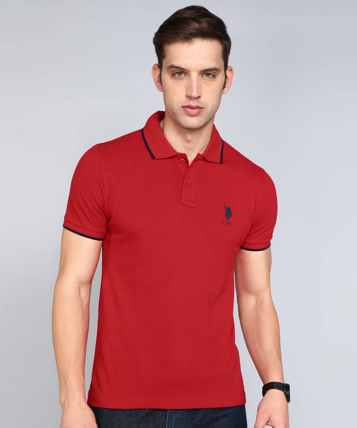 U.S. POLO ASSN. Men Solid Polo Neck Pure Cotton Red T-Shirt