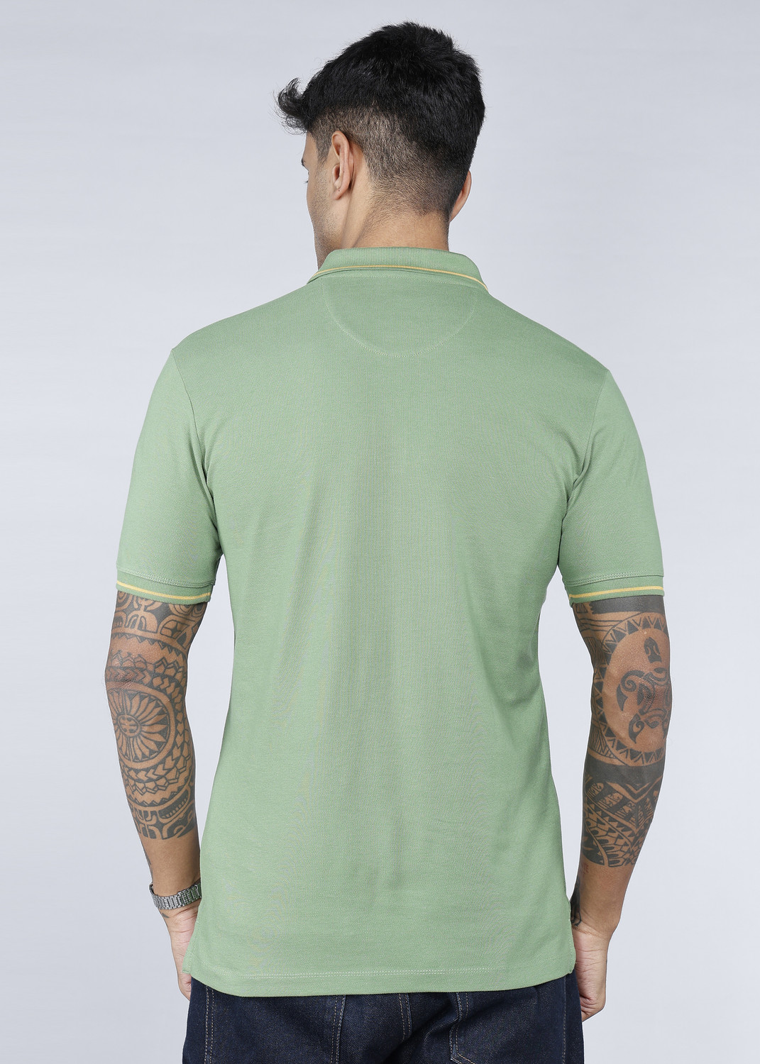 Image of Louis Philippe Jeans Men Solid Polo Neck Pure Cotton Green T-Shirt