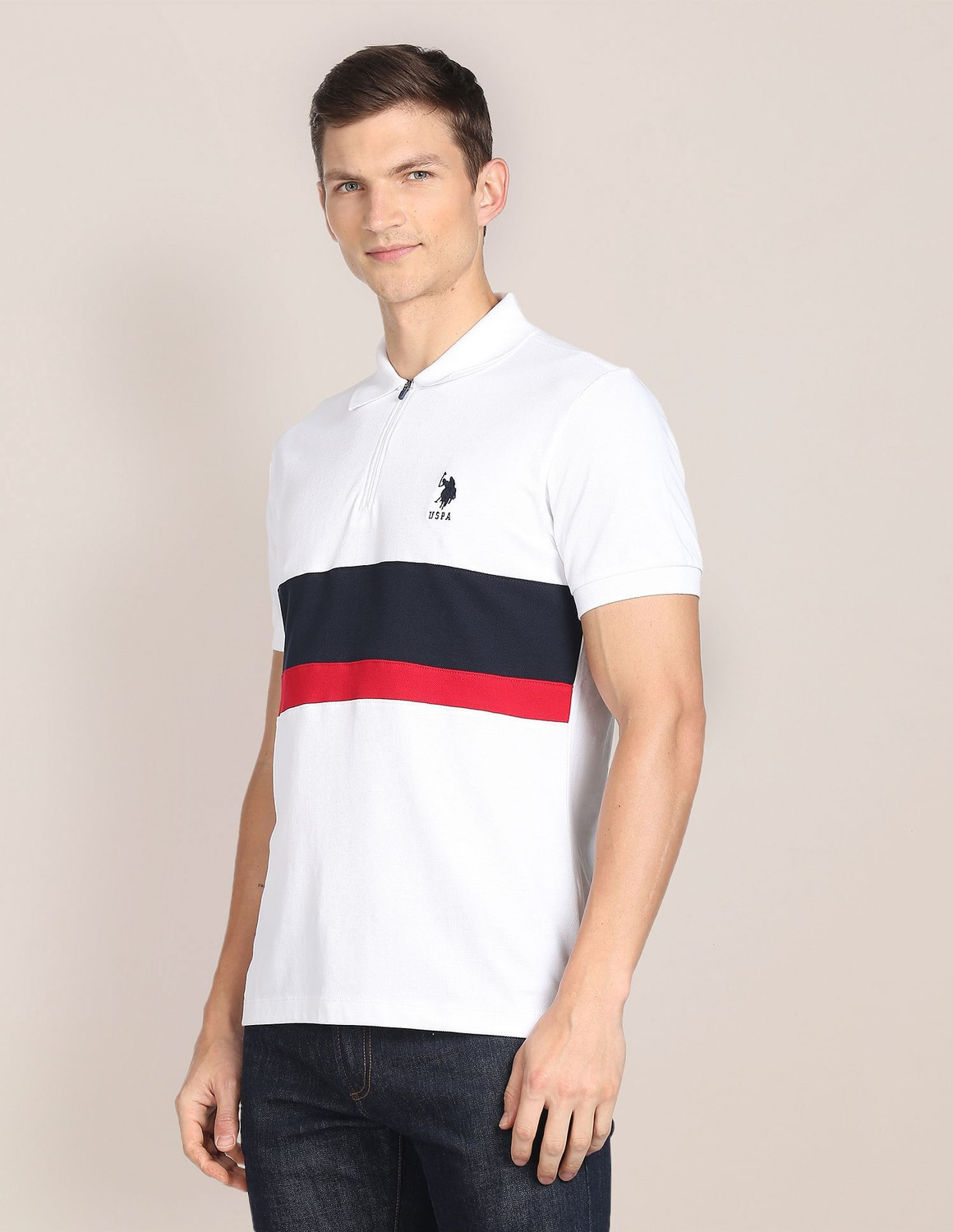 Image of U.S. POLO ASSN. Colorblock Men Polo Neck White T-Shirt
