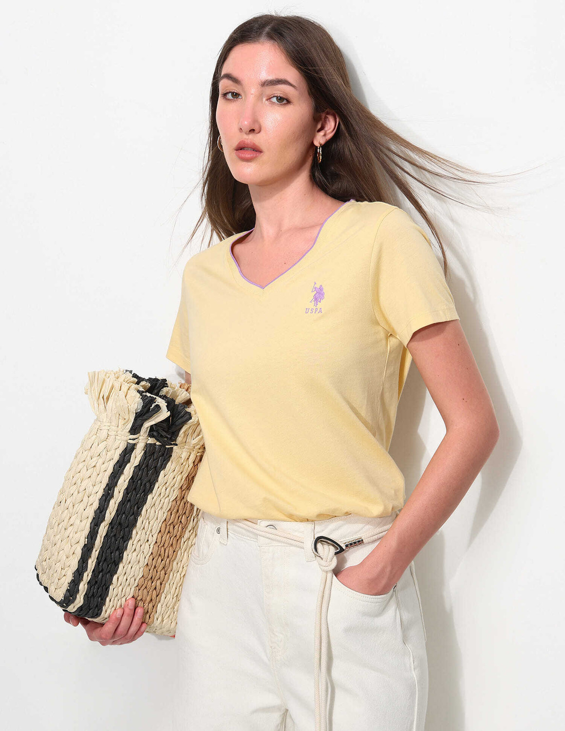 Image of U.S. POLO ASSN. Solid Women V Neck Yellow T-Shirt