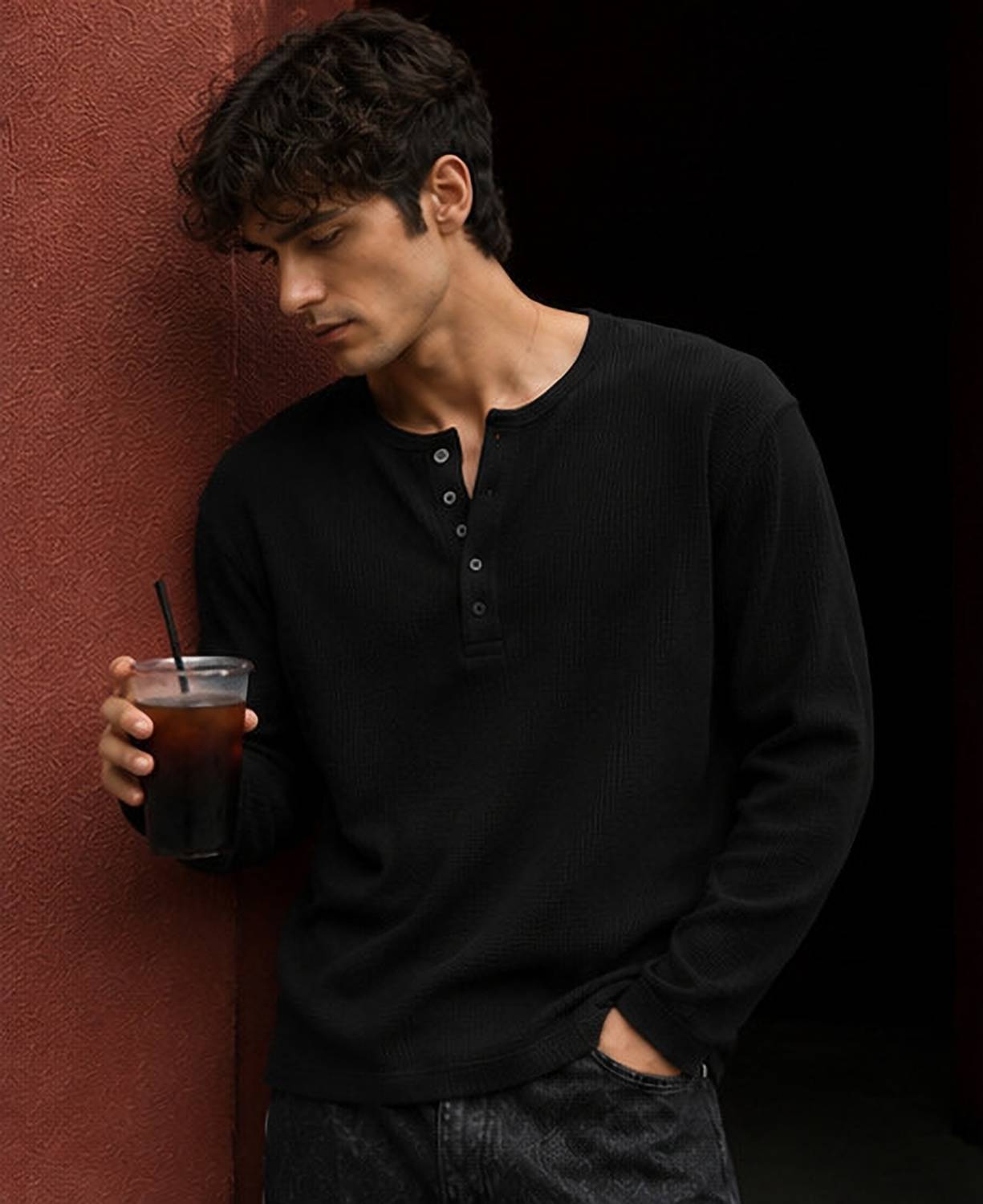 NOOK Men Black Henley Neck T-Shirt - Image 4
