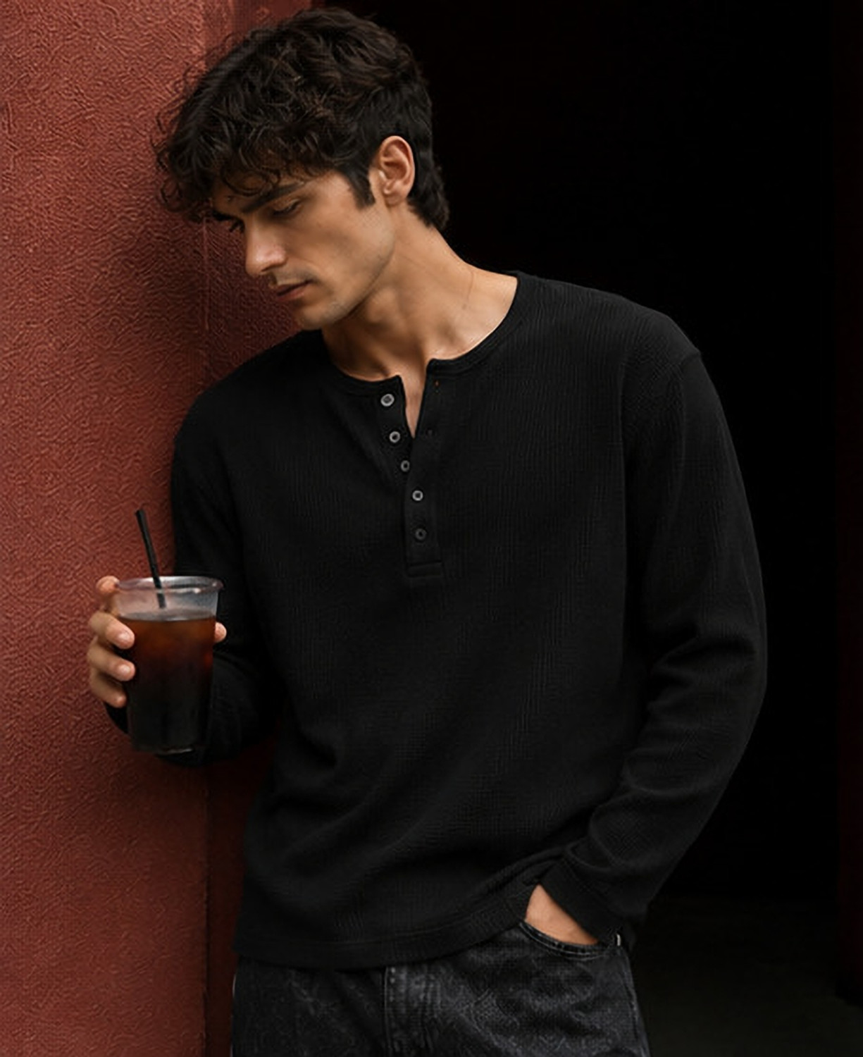 Image of NOOK Self Design Men Henley Neck Black T-Shirt