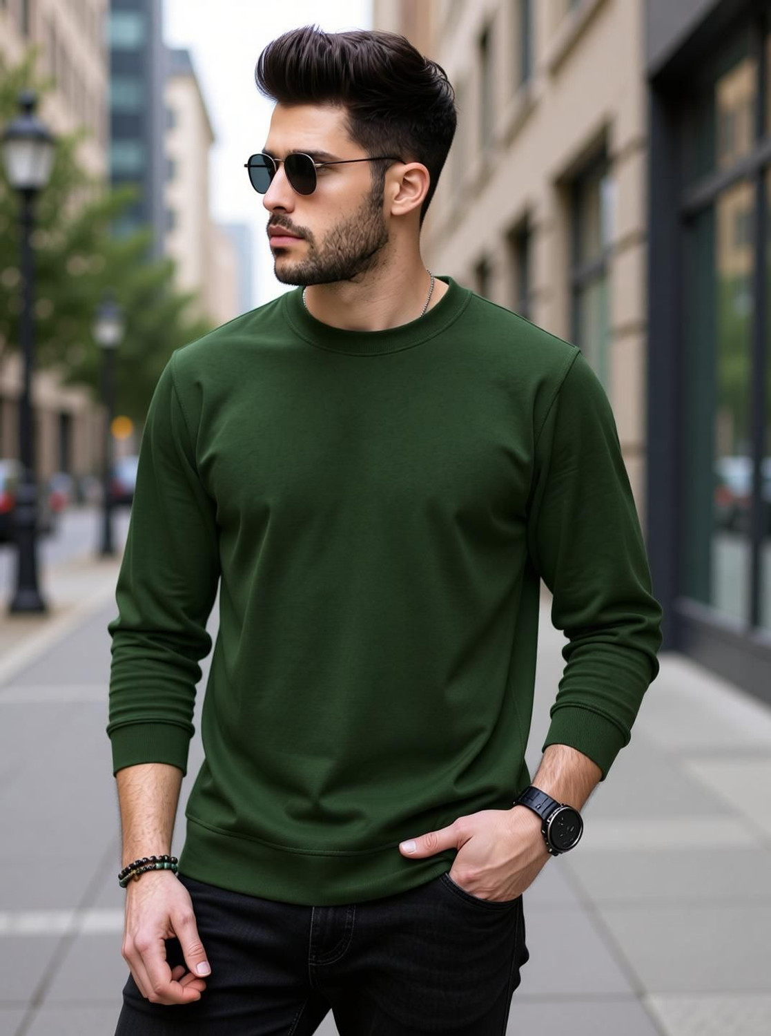 Image of BLIVE Solid Men Round Neck Dark Green T-Shirt