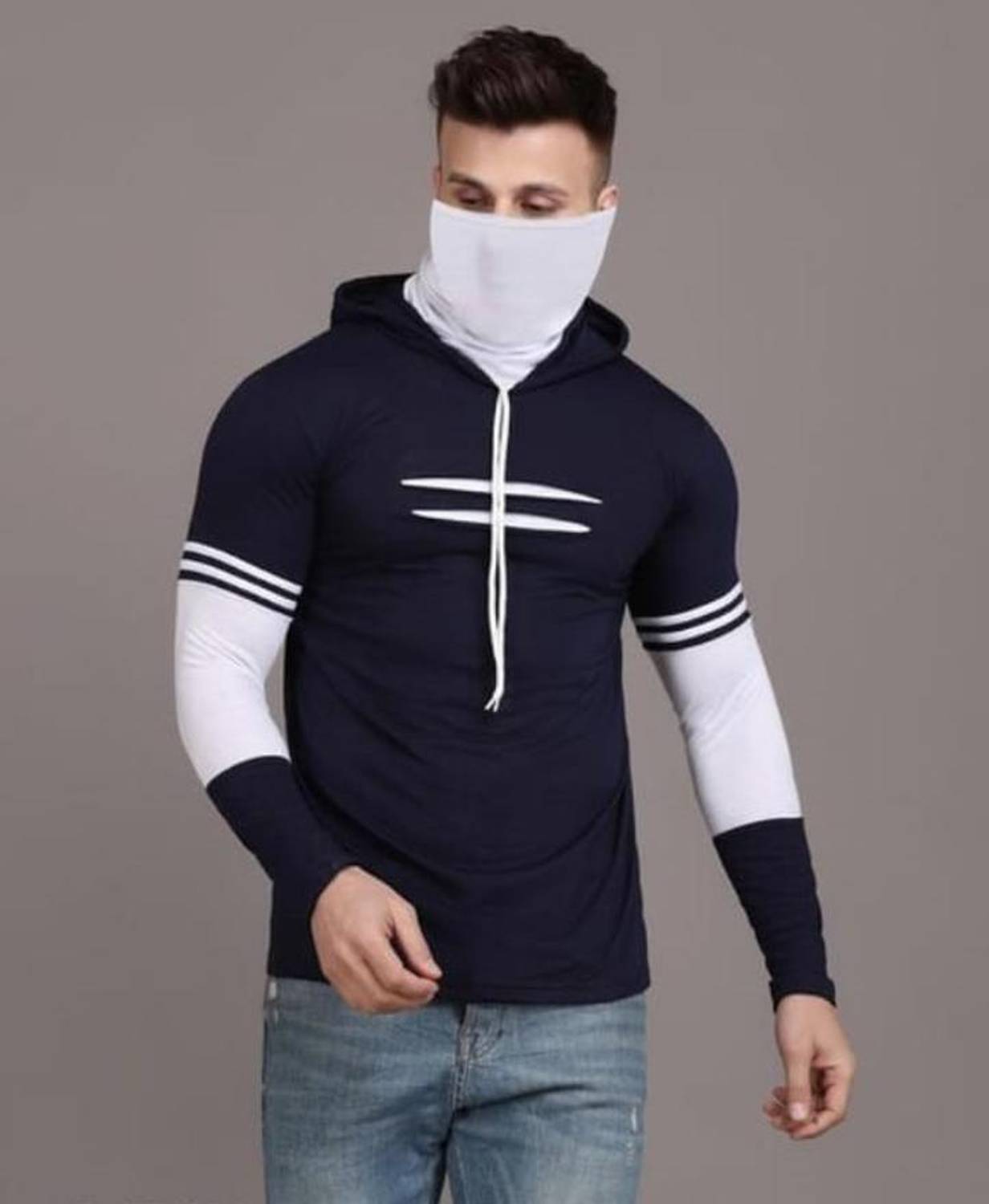 Panda Bear Men's Hooded Mask T shirt Navy color Men Colorblock Ho