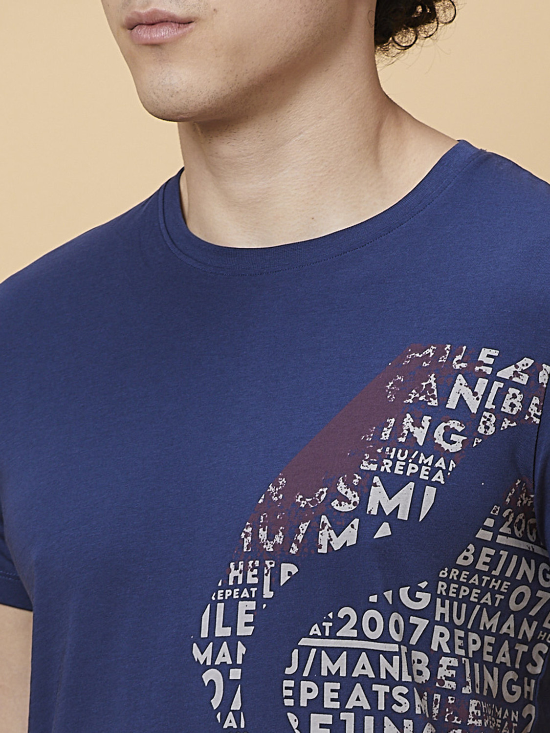 Image of BEING HUMAN Typography Men Crew Neck Dark Blue T-Shirt