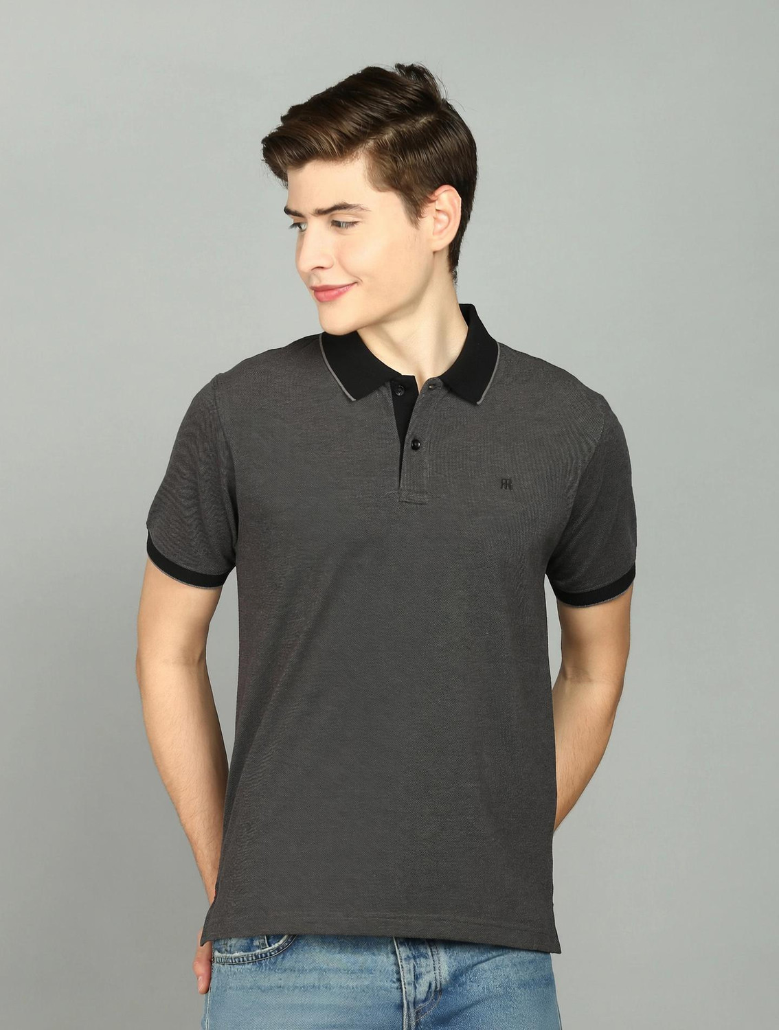 Image of Raymond Self Design Men Polo Neck Grey T-Shirt