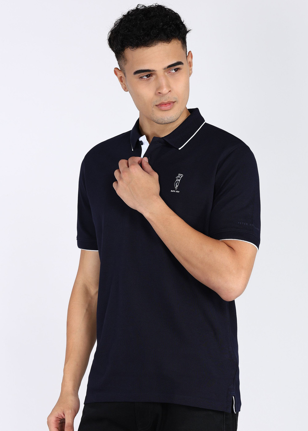 Image of PETER ENGLAND Solid Men Polo Neck Dark Blue T-Shirt