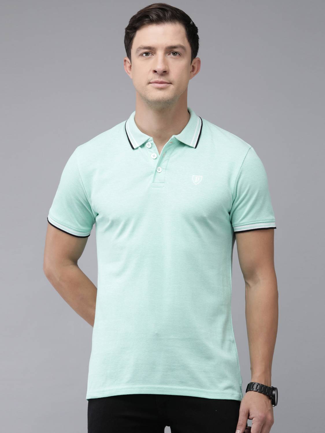 PROVOGUE Men Self Design Polo Neck Cotton Blend Light Green T-Shi