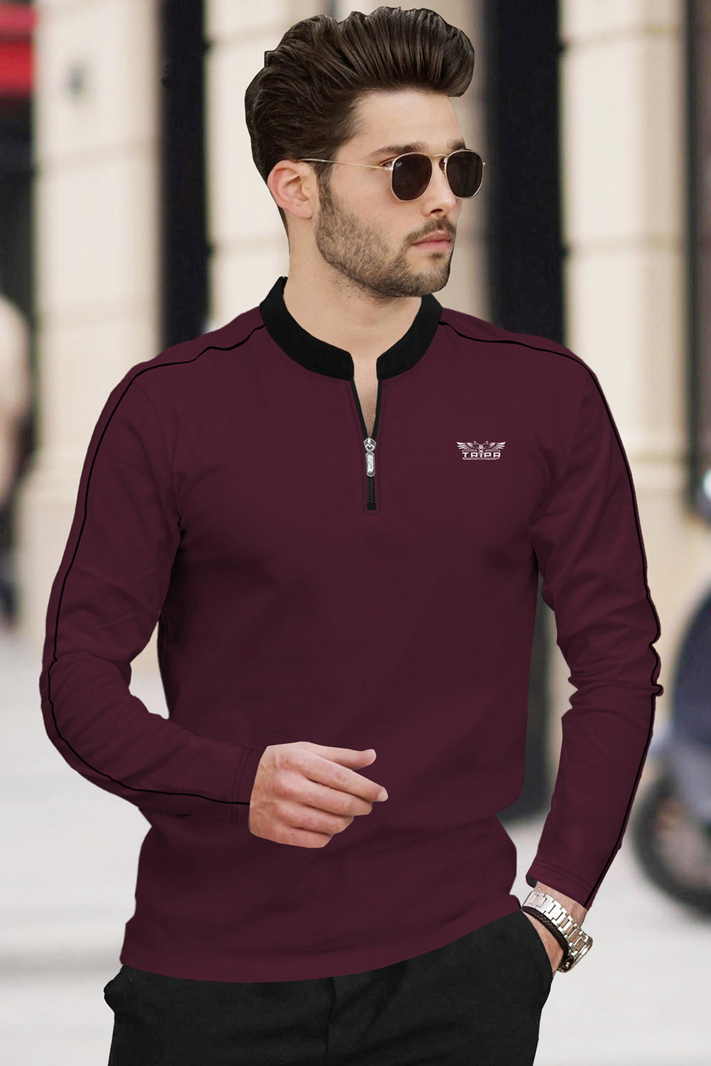 Image of TRIPR Solid Men Mandarin Collar Maroon, Black T-Shirt