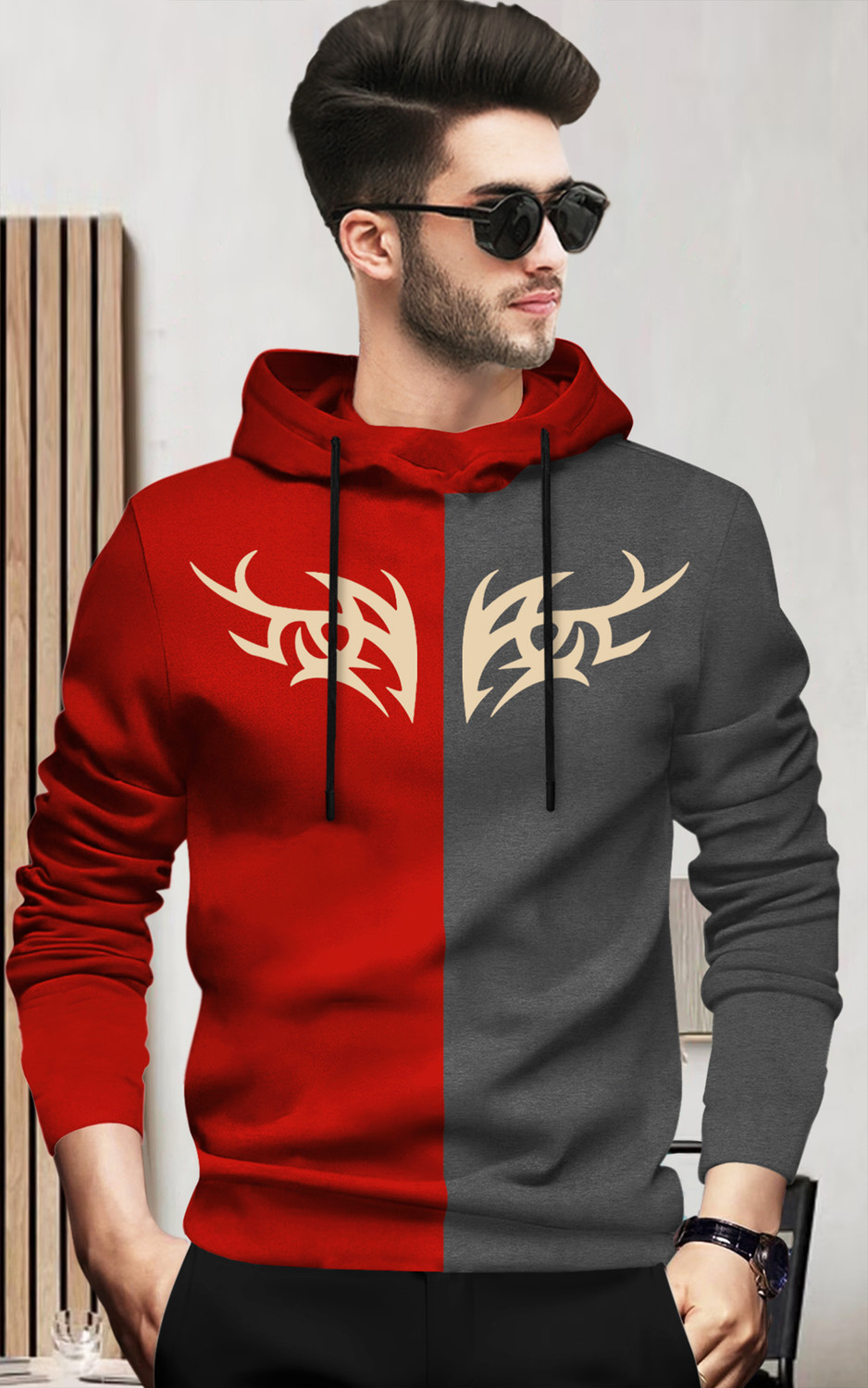 Image of BLIVE Printed Men Hooded Neck Red, Grey T-Shirt