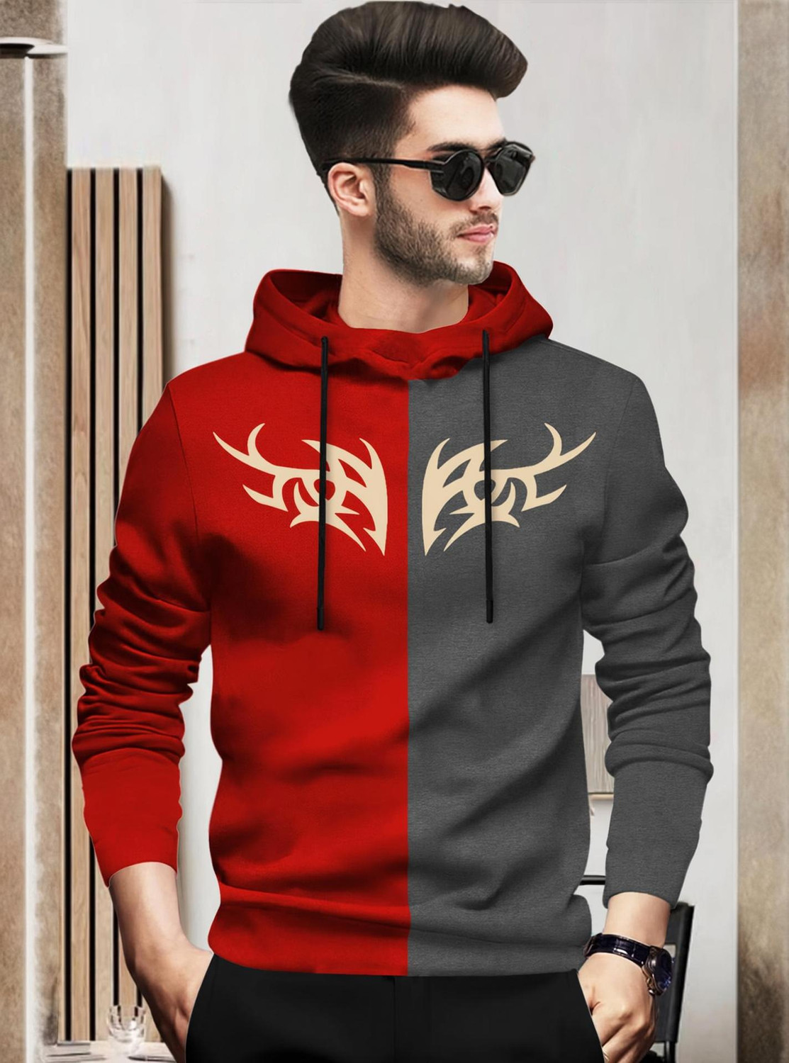 Image of BLIVE Printed Men Hooded Neck Red, Grey T-Shirt